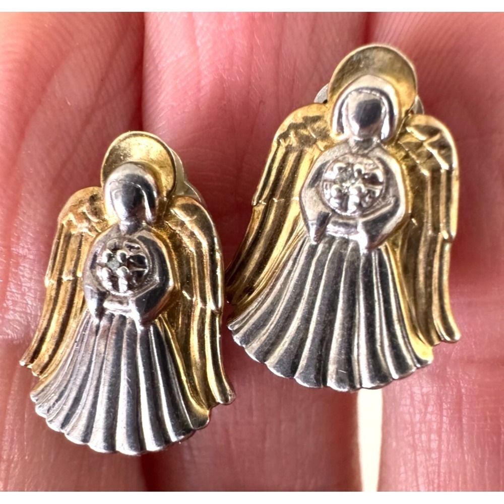 GORHAM STERLING Silver gold DIAMOND Guardian ANGEL‎ Clip on EARRINGS Vintage